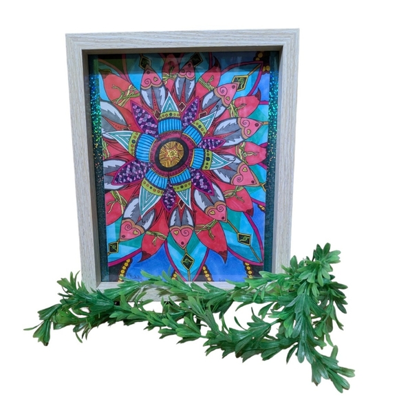 SOLD - HANDMADE DrawingArtworkDecor |Modern Flowery Mandala| Signed Richelle L. - Picture 1 of 7